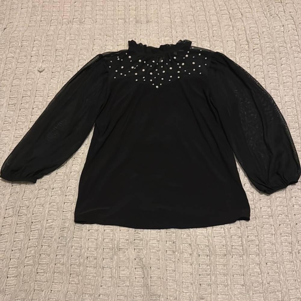 Ivy + Ridge Black Mesh Pearl Yoke Blouse